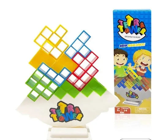 Plastic balance stacking tower game with coloured blocks on a base for kids and adults