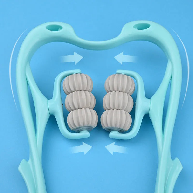 Blue plastic six-wheel neck and shoulder massager showing rolling wheel mechanism