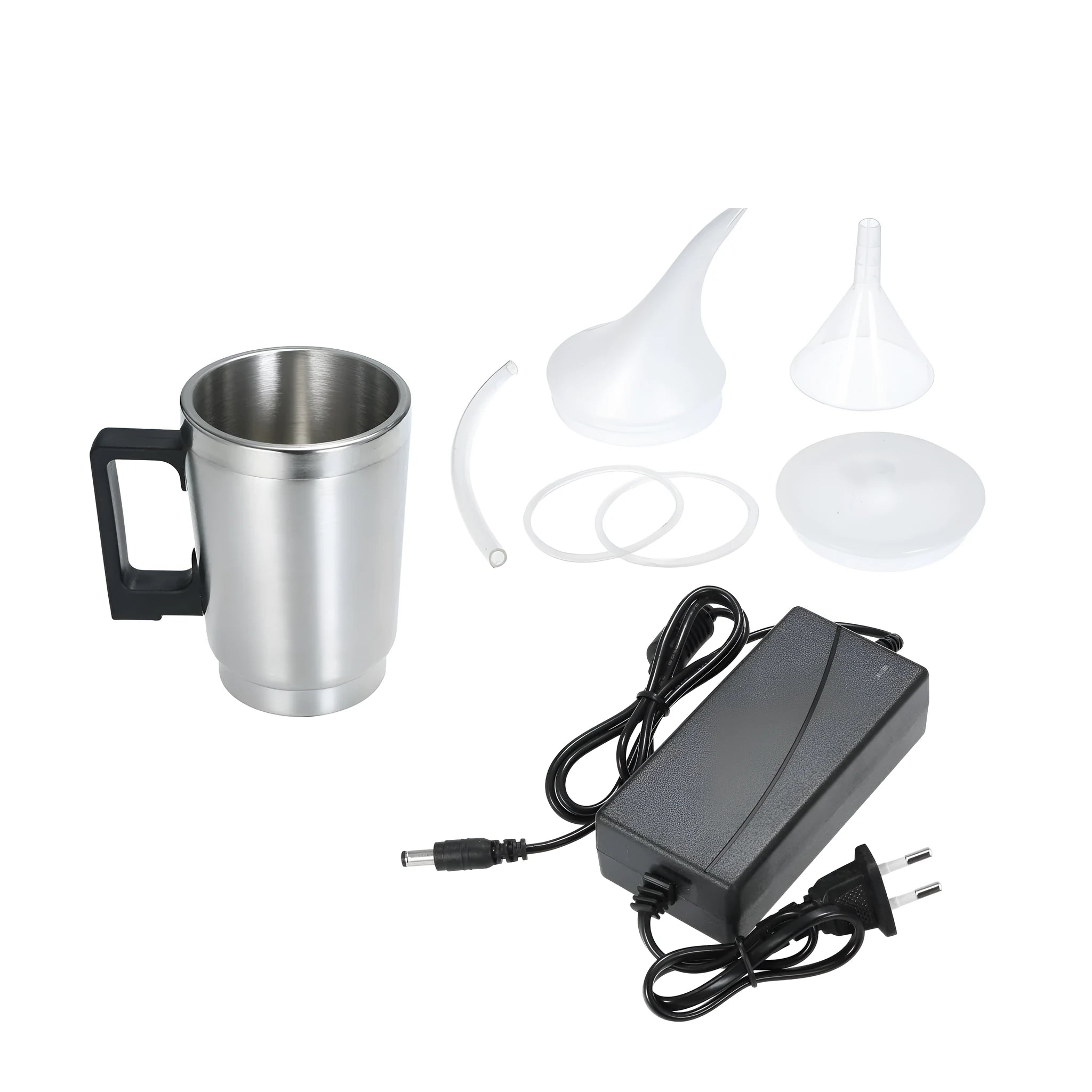 Stainless steel headlamp restoration cups with elbow cover and dual-use funnel cover alongside GB/US and European power adapters.