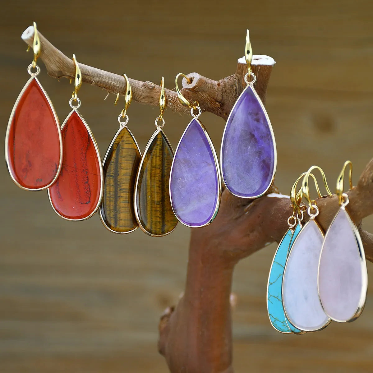 Handmade vintage long water drop earrings in Tigereye stone with textured details
