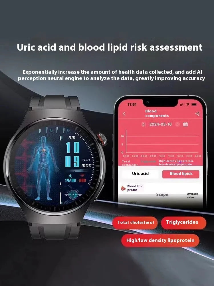 Smart bracelet with non-invasive blood glucose ECG blood pressure heart rate monitoring, TFT touch screen and Bluetooth calling