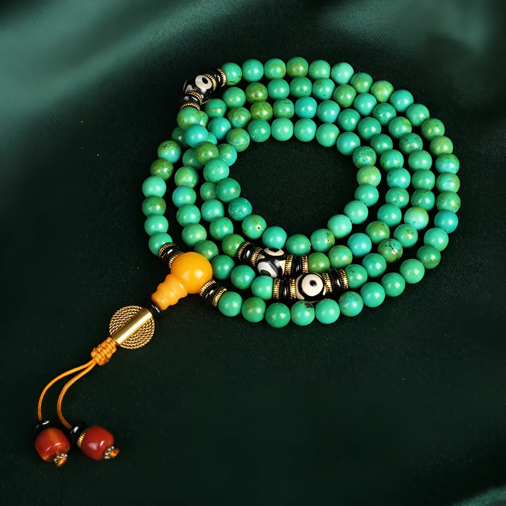 108 polished natural turquoise beads arranged for bracelet making with 8mm round sizing