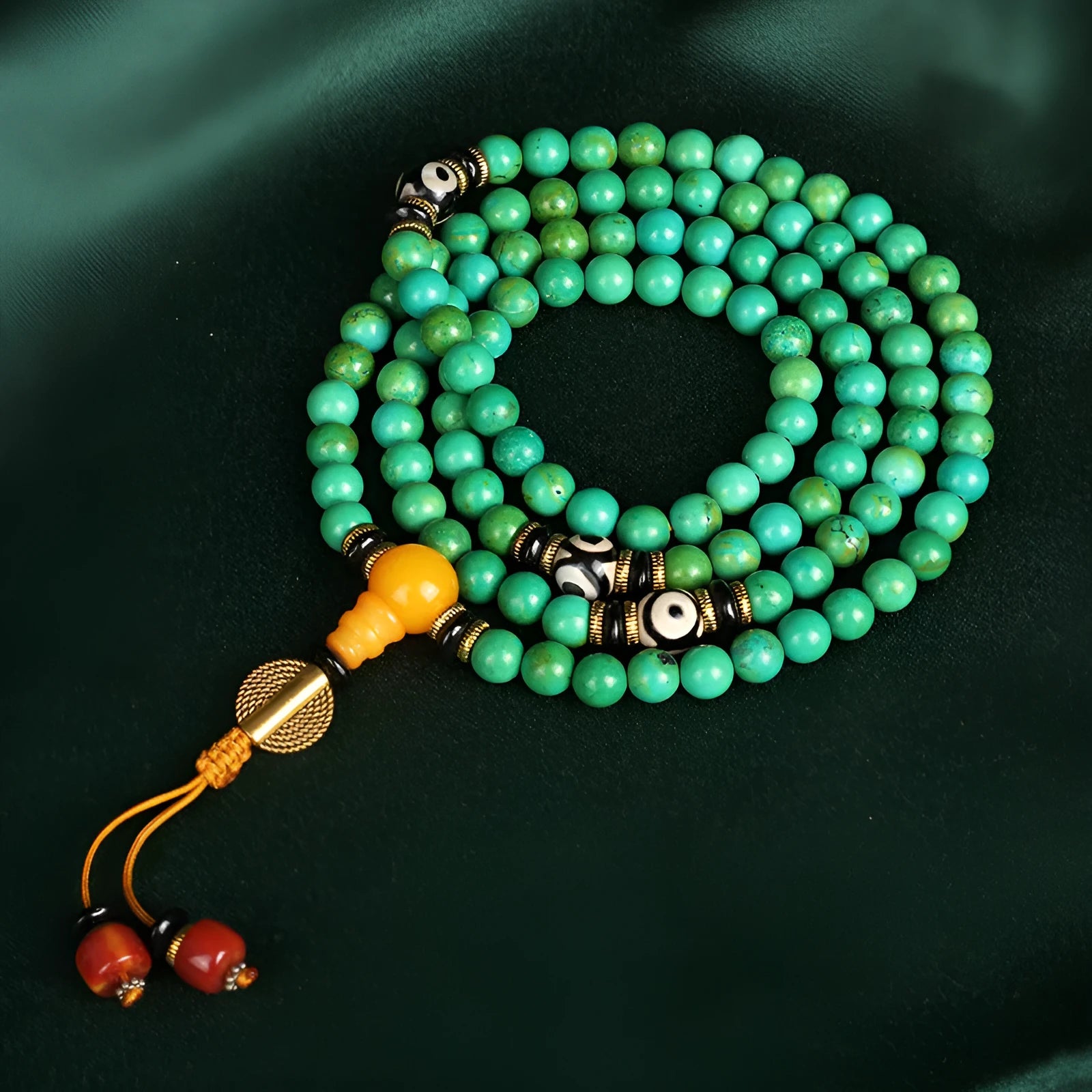 108 polished natural turquoise beads arranged for bracelet making with 8mm round sizing