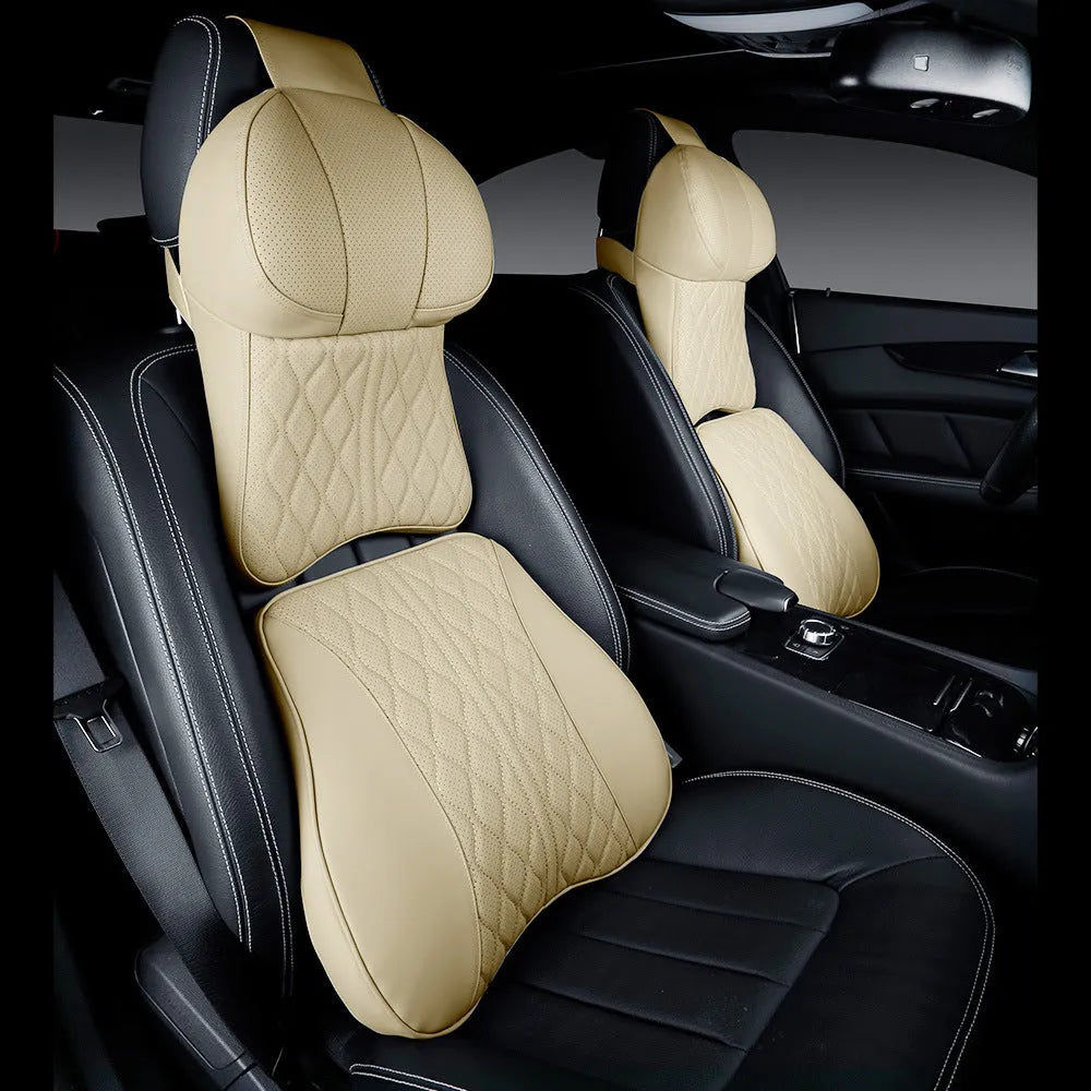 Car neck pillow and lumbar support pillow set with embroidered wavy pattern in beige colour