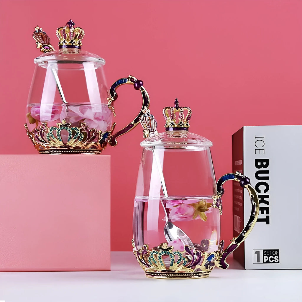 Round heat-resistant glass tea cup with enamel spoon, lid and saucer in 301-400ml capacity