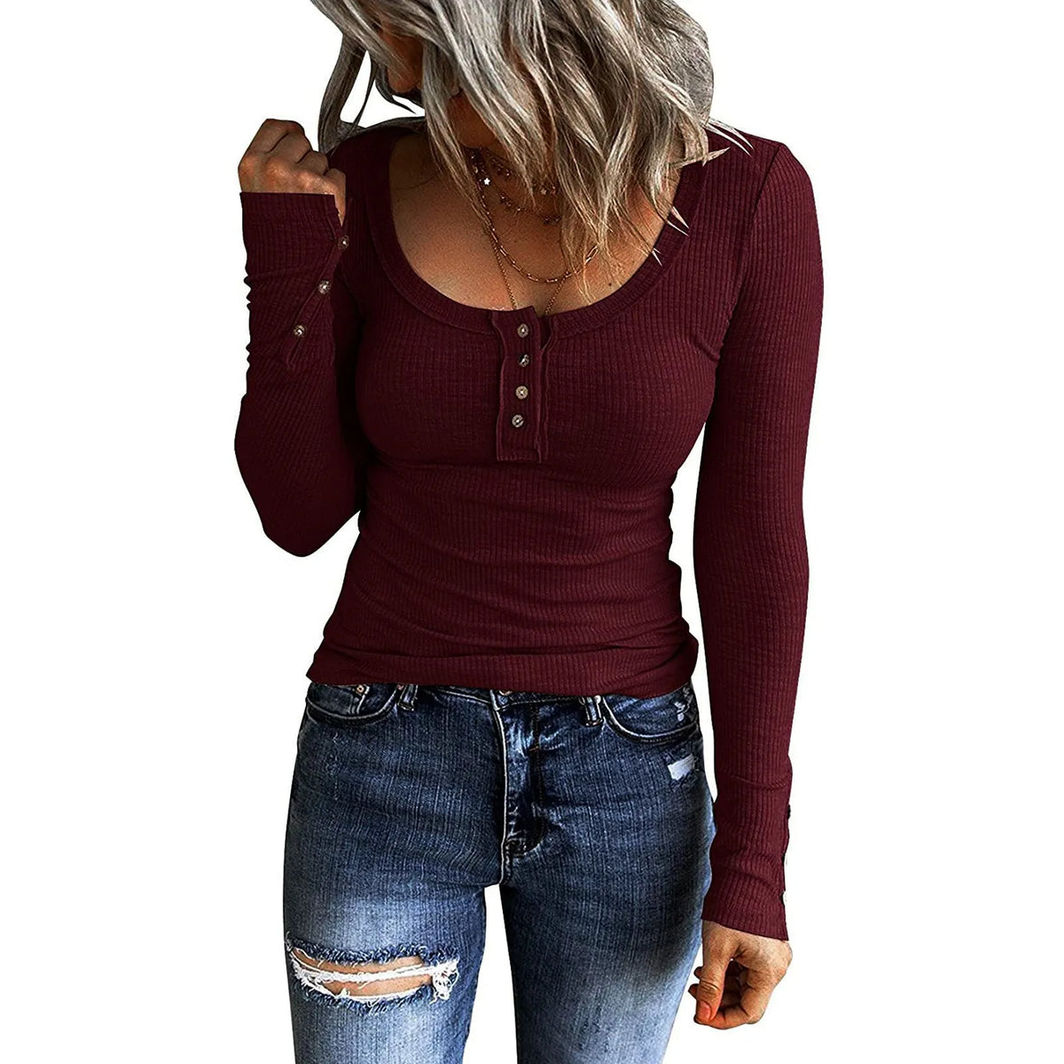 Women's V-neck long sleeve solid colour cotton blend pullover top in black, slim fit