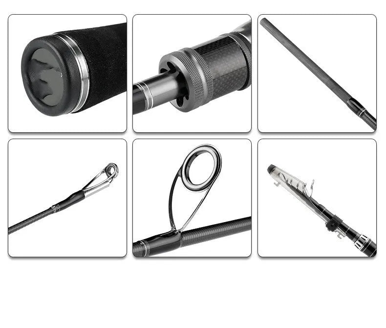 Telescopic carbon fishing rod extended on ground near water, straight handle 2.1m length visible