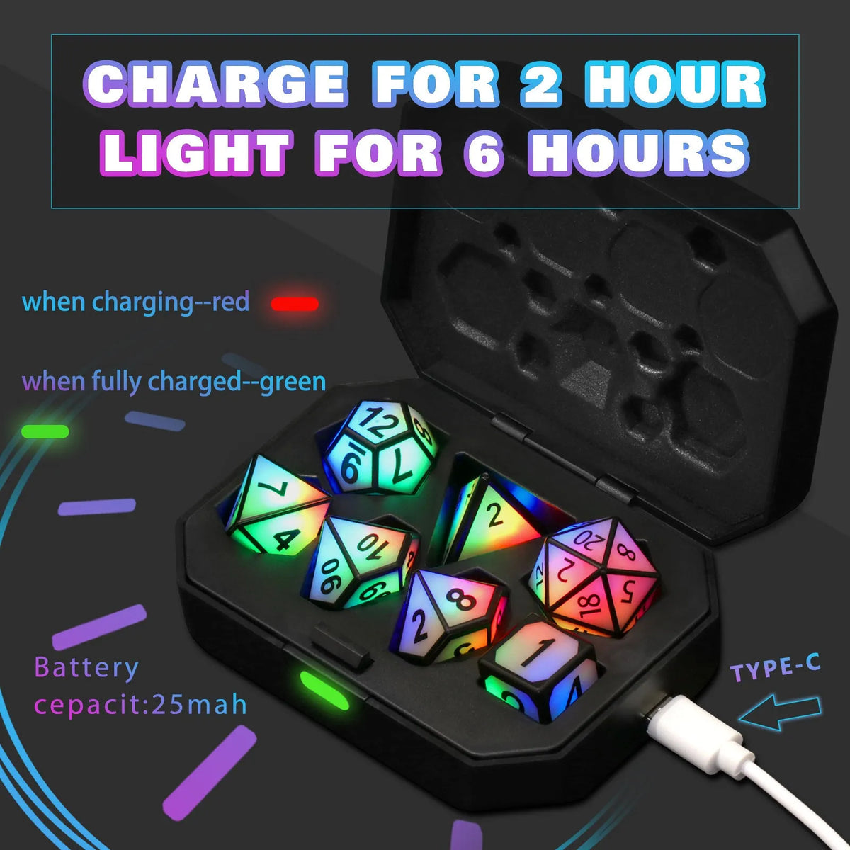 Charging luminous dice chip LED set in ABS plastic with rounded style