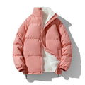 Warm solid color loose stand-collar unisex polyester winter coat in black, front view