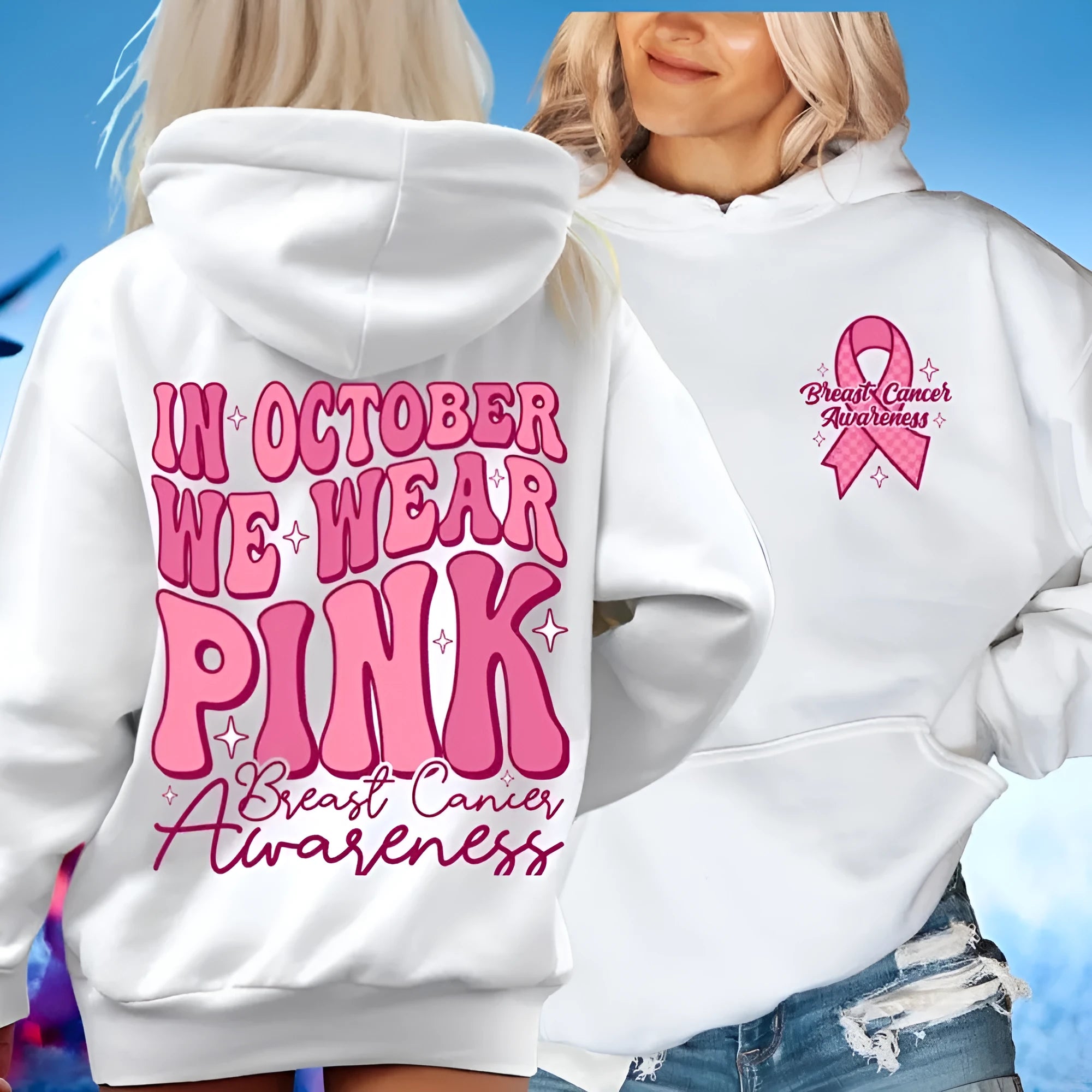 Pink women's hoodie with retro breast cancer awareness hot stamp design and side seam pocket.