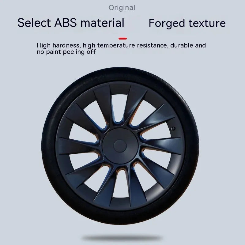 Tesla Model Y plastic wheel hub cover set in multiple colour options including carbon fiber pattern