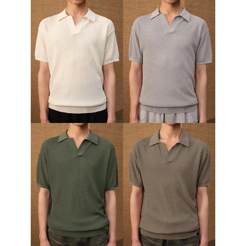 Men's loose thin ice silk polo shirt with business casual stripes in creamy white