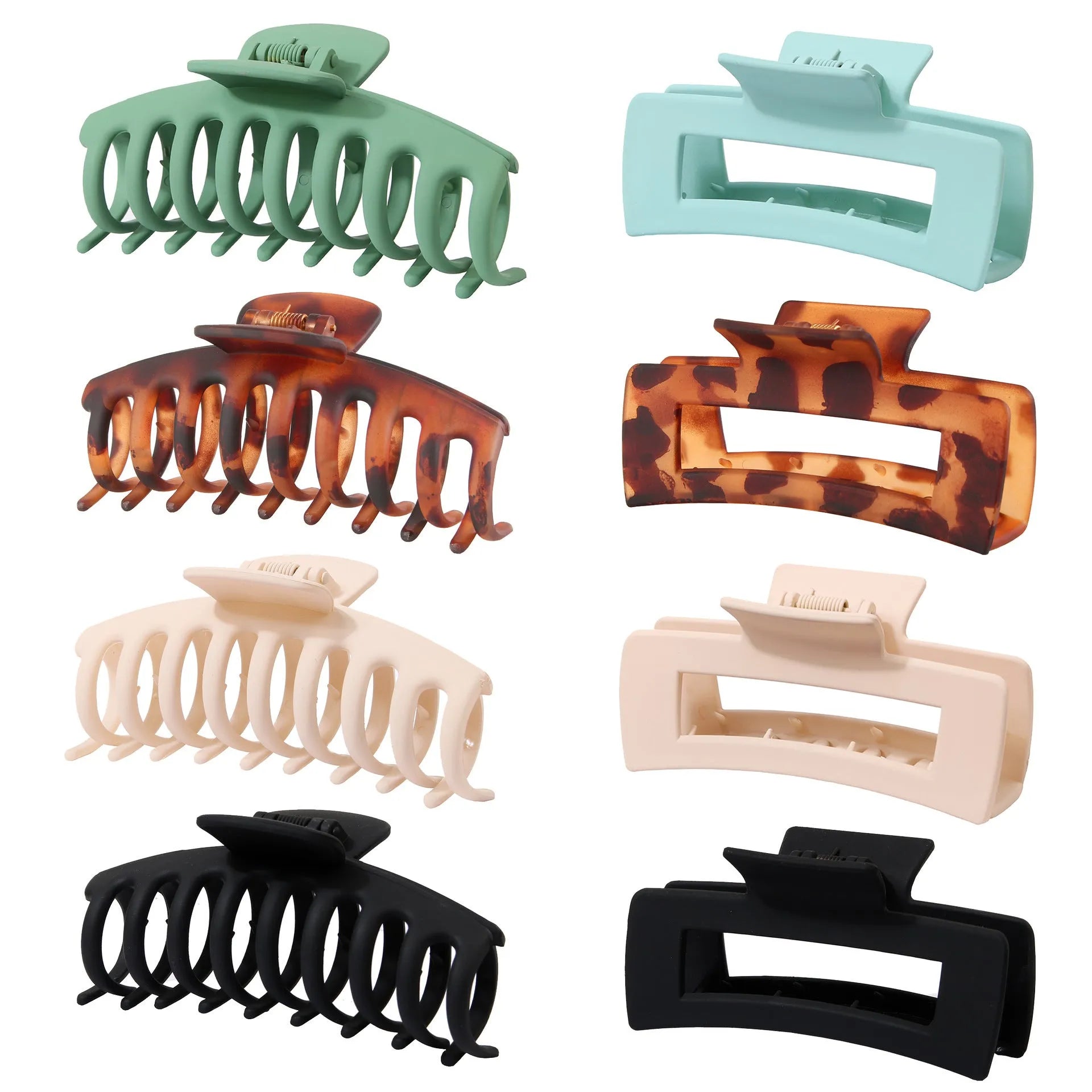 Six rose red hexagonal plastic hair clips with frosted grip, each in a separate clear OPP bag.