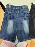 Men's loose straight-leg washed denim shorts in blue, mid waist with zip placket, for casual summer wear.