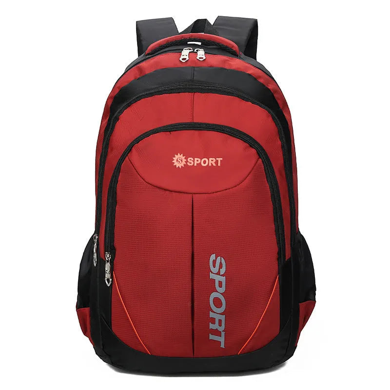 Men's large nylon backpack in black with curved shoulder straps and letter detailing, showing front and side views