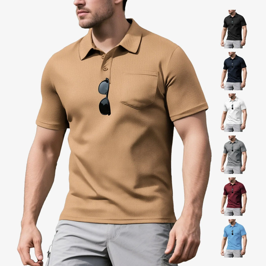 Men's loose short sleeve lapel sport casual top in solid colour, 100% polyester, available in black, white, navy blue, sky blue, khaki, wine red, light gray
