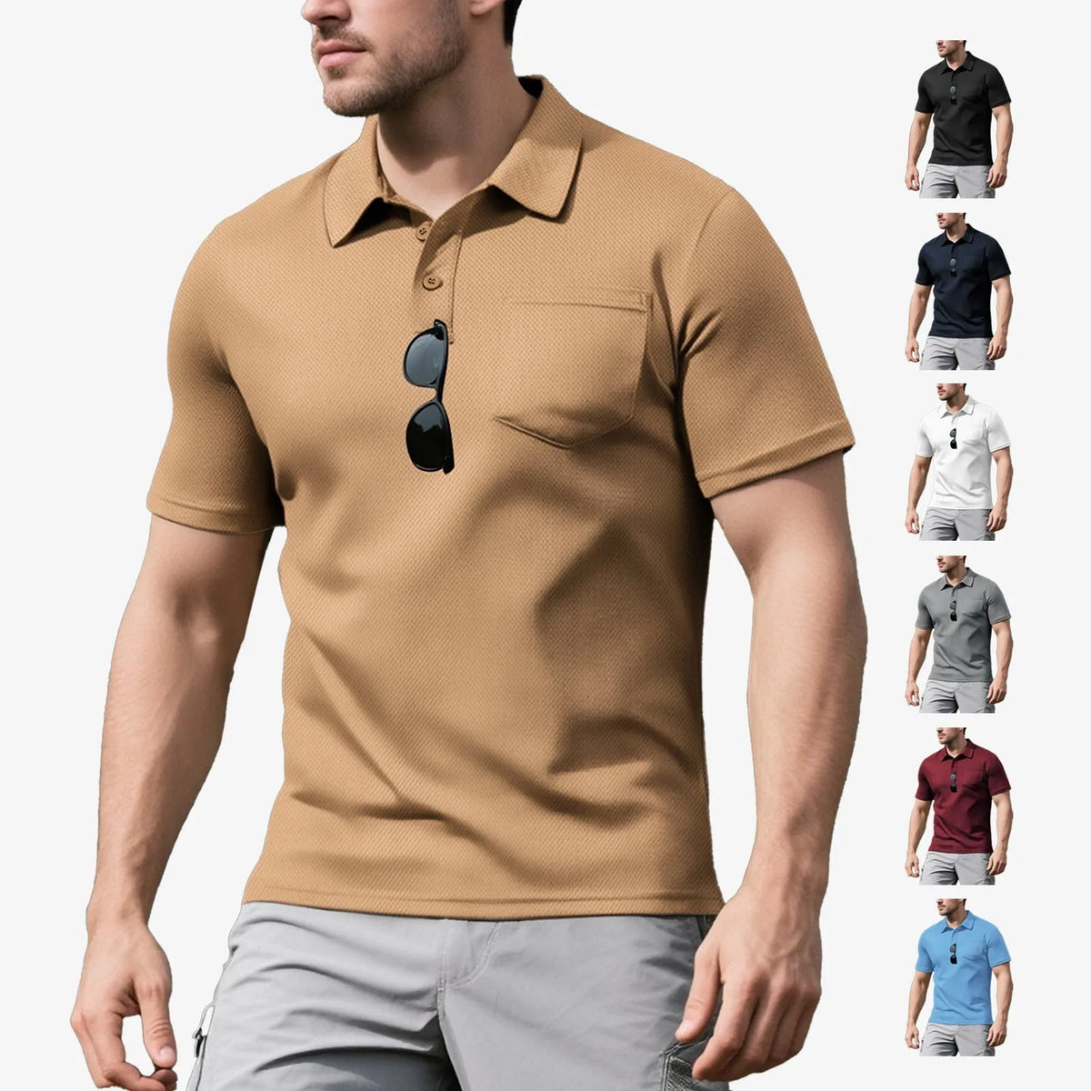 Men's loose short sleeve lapel sport casual top in solid colour, 100% polyester, available in black, white, navy blue, sky blue, khaki, wine red, light gray