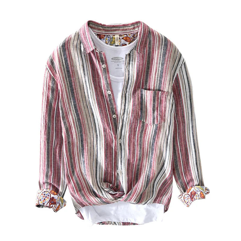Men's striped linen shirt in loose fit with long sleeves, shown in red or grey colour options