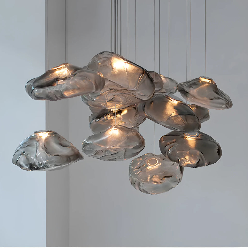 Modern fabric chandelier with glass shade in clear, amber or smoke grey colour options