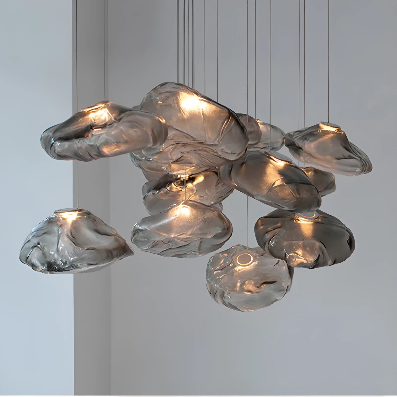Modern fabric chandelier with glass shade in clear, amber or smoke grey colour options