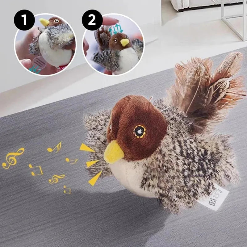 Interactive chirping bird cat toy made of velvet, 5.7x2.8x2.2 inches, with feather and ring for play.