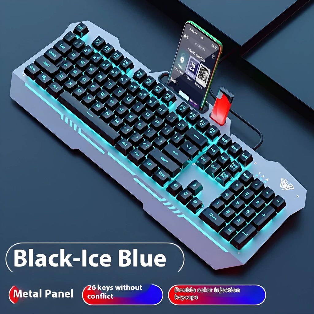 F3010 black mechanical keyboard and mouse bundle with RGB backlighting on a desk