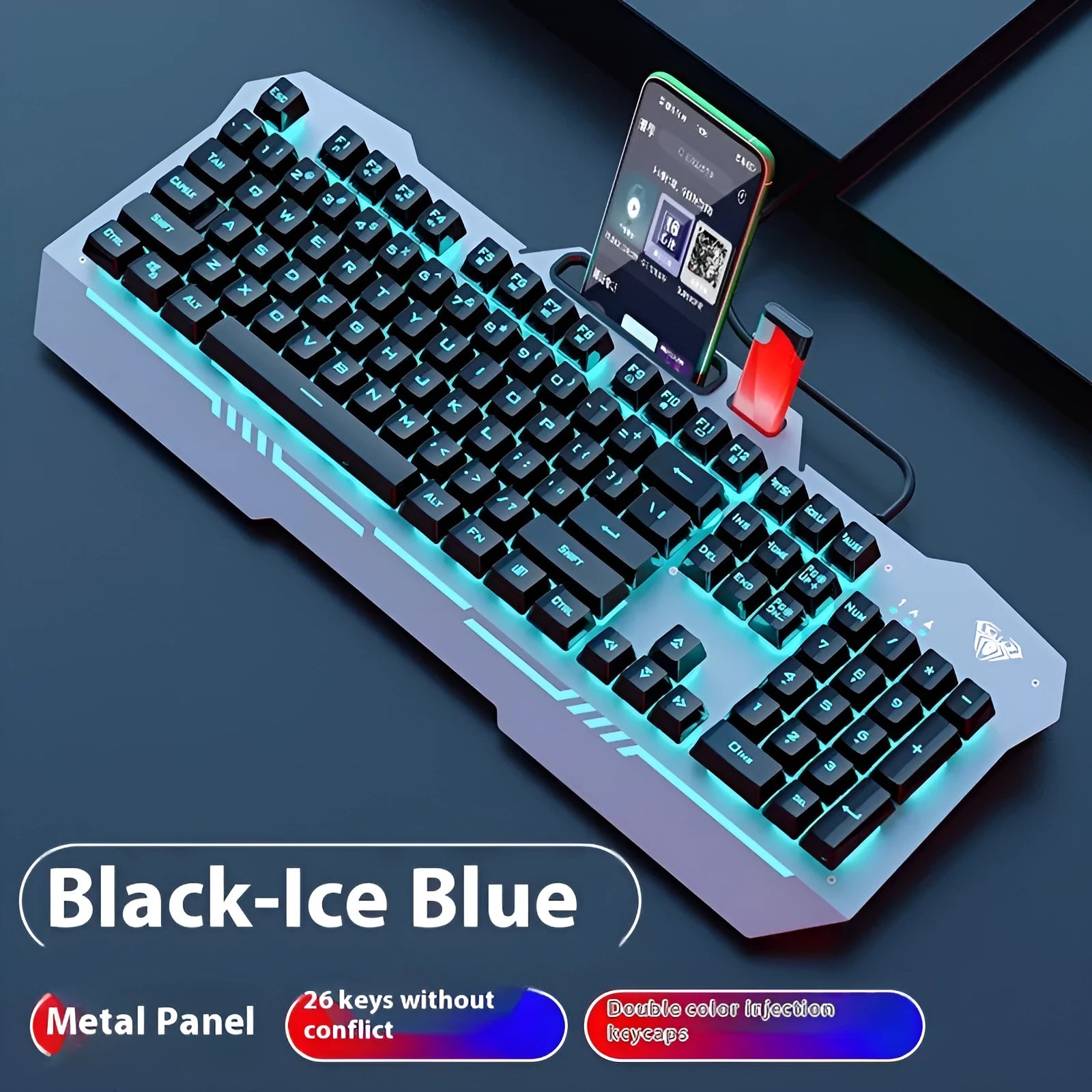 F3010 black mechanical keyboard and mouse bundle with RGB backlighting on a desk