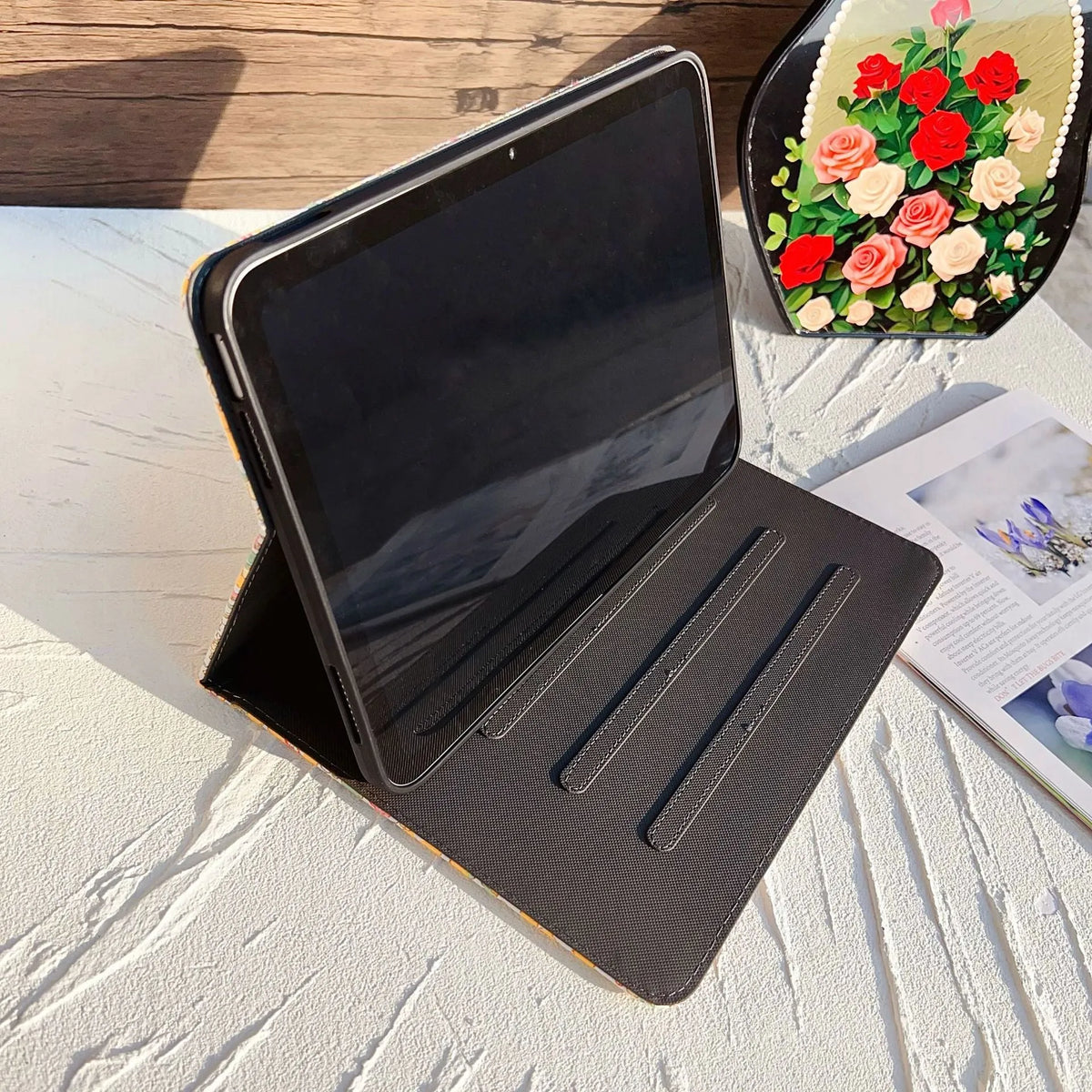 Imitation leather iPad protective case with pen slot in azure colour, tri-fold stand mode