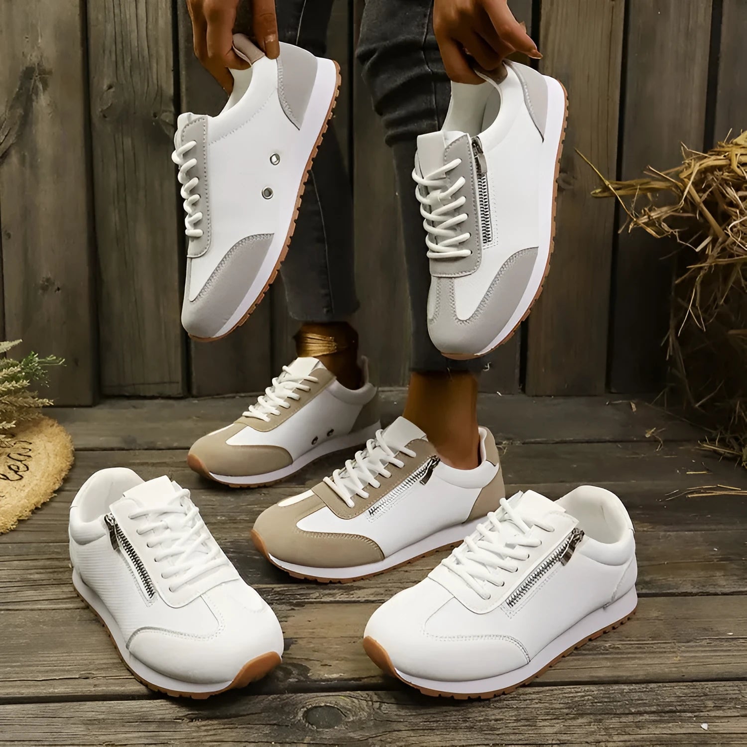 Women's flat-heeled casual shoe in artificial PU, shown in grey, white, and champagne colour options.