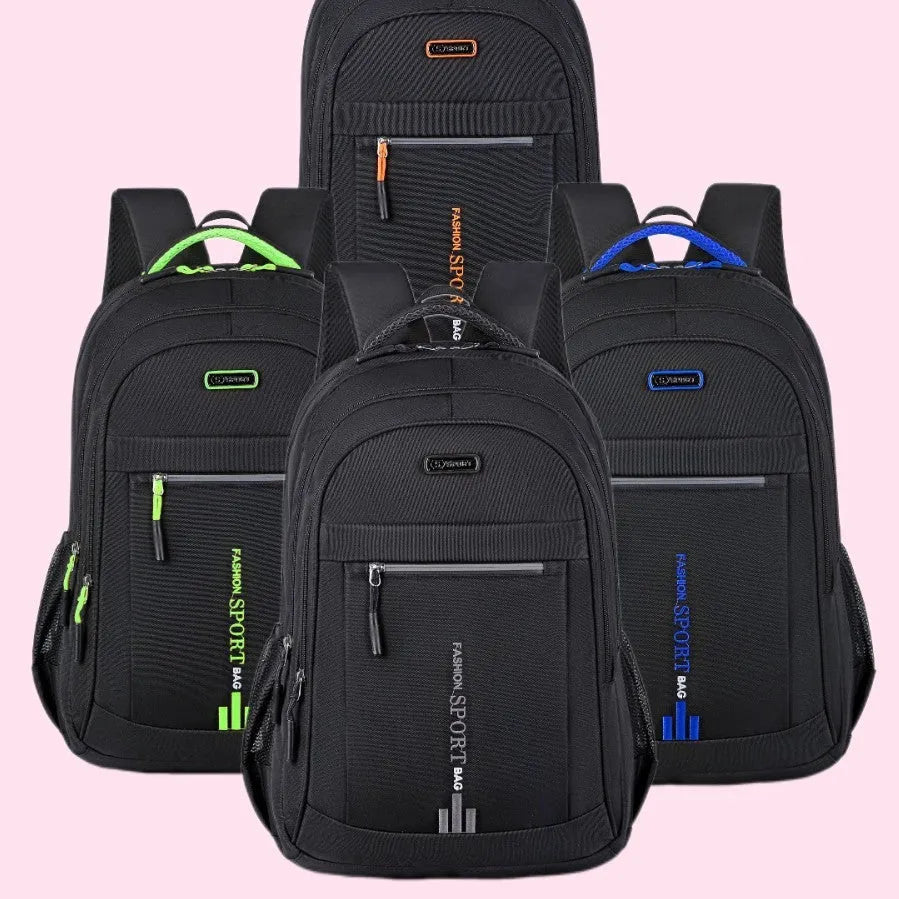 Oxford cloth capacity backpack in blue with airpillow straps, shown with a 20-35L size for business travel.