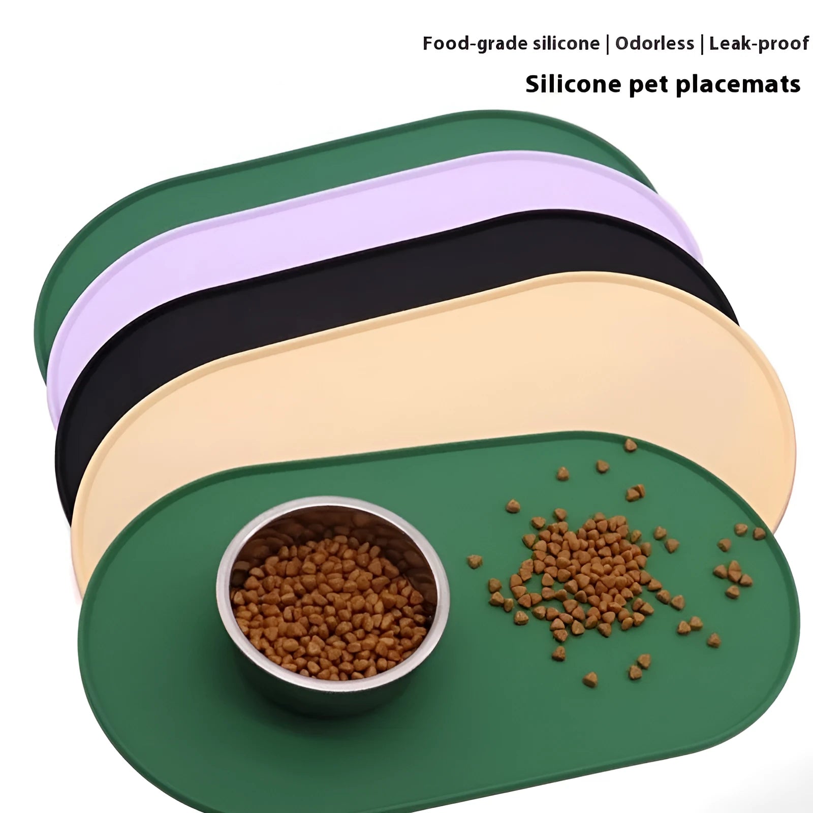Silicone waterproof cat feeding placemat in green colour showing bowl placement