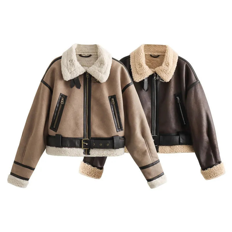 Women's loose long sleeve lamb wool splicing coat in khaki with PU fabric and zipper front