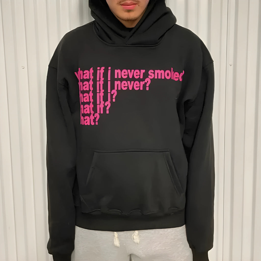 Black heavy hooded sweater with white letter and figure print on the front.
