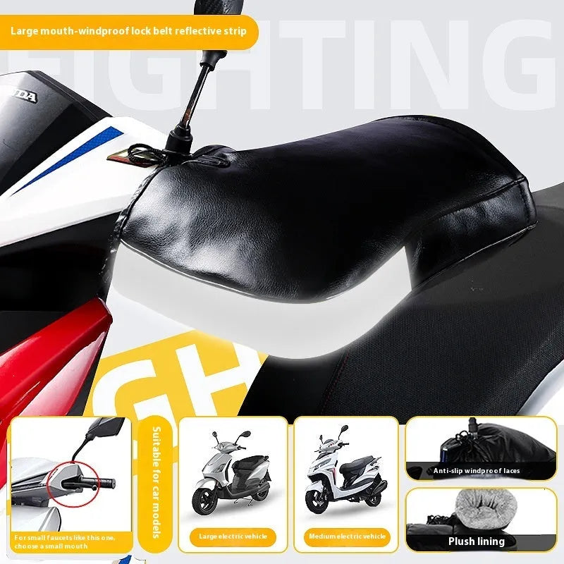 Electric motorcycle winter thermal waterproof handle grip gloves with fleece lining in gray reflective stripe style