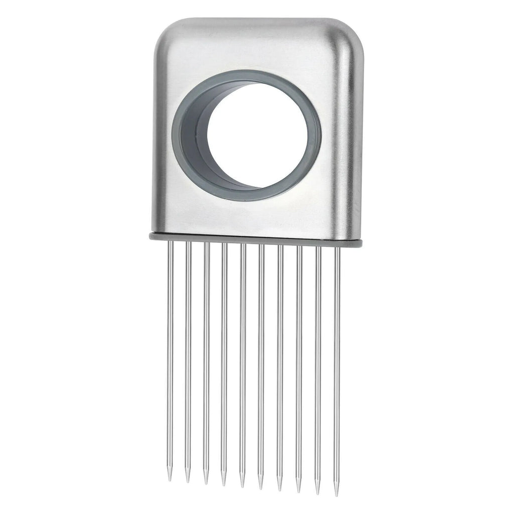 Stainless steel onion holder and vegetable slicer tool with ABS handle on a kitchen counter.
