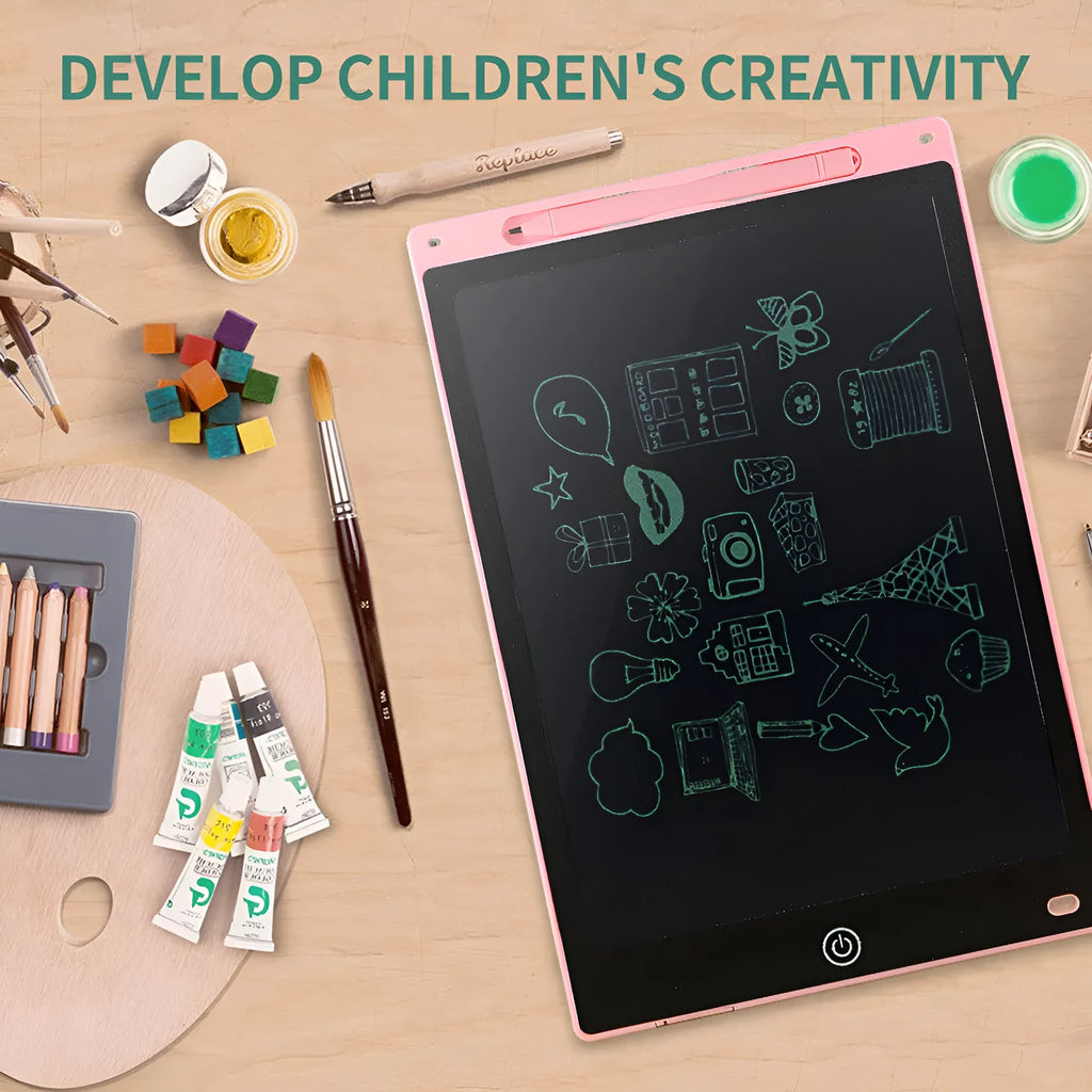 LCD drawing tablet in multiple colours and sizes with plastic stylus on screen.