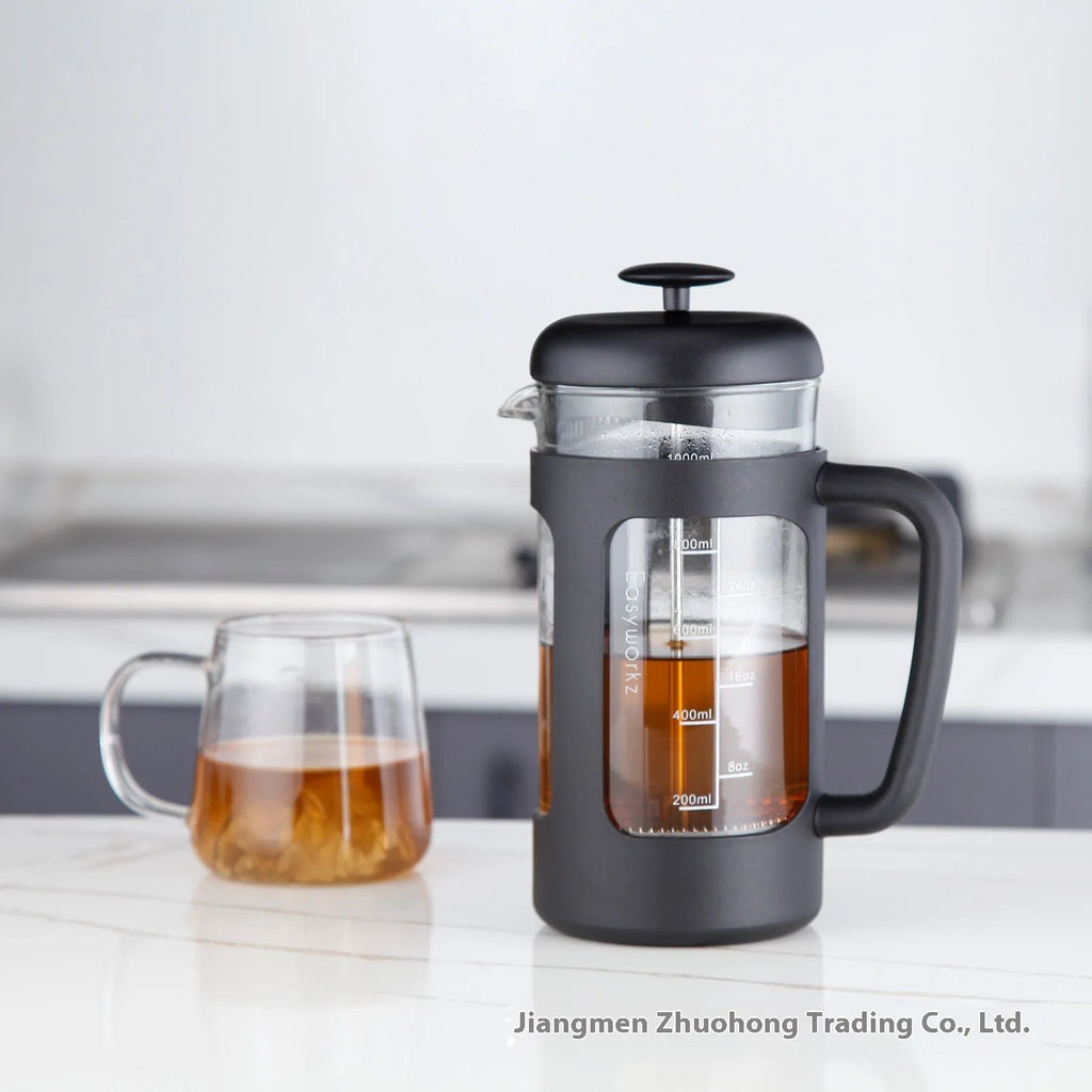 1000ml glass French press coffee maker with brewing filter and tea infuser, shown in black or light gray.
