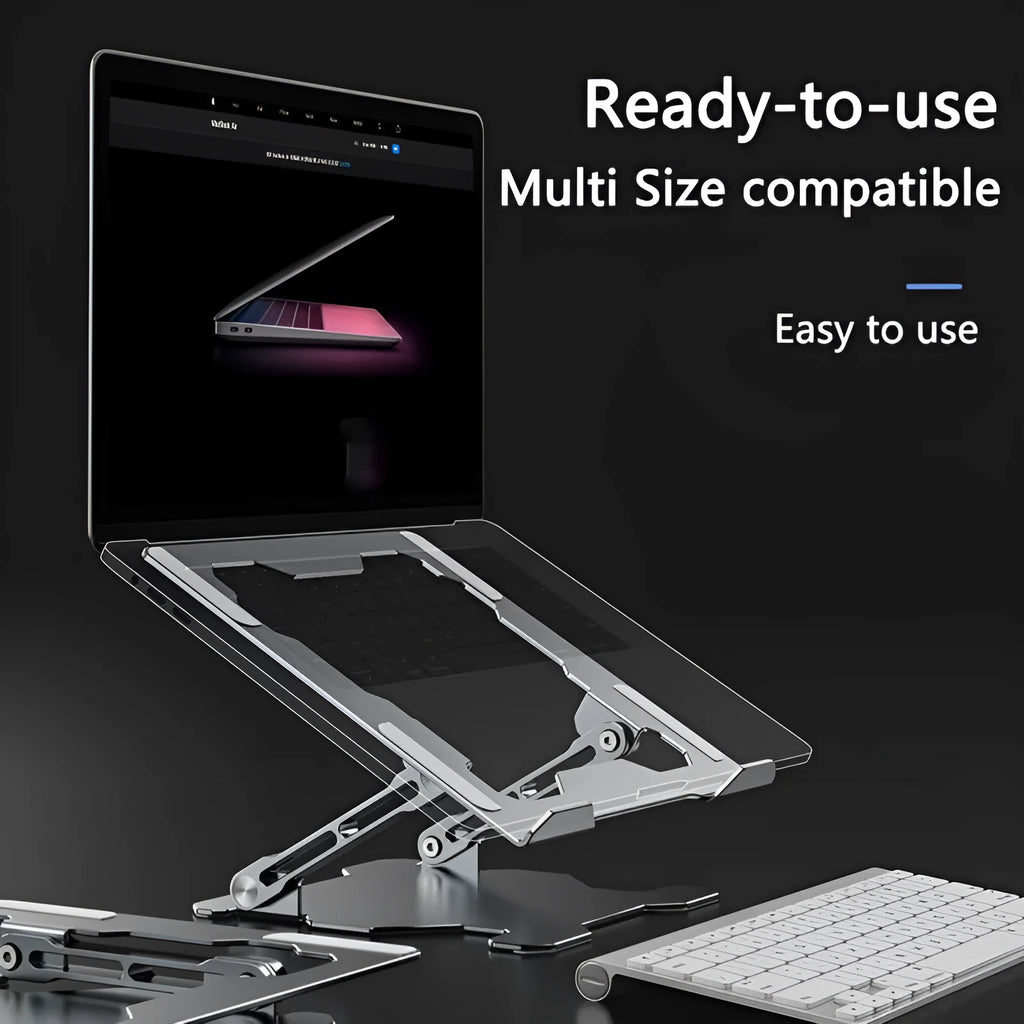 Grey adjustable aluminium laptop stand in open and folded positions on a wooden desk.