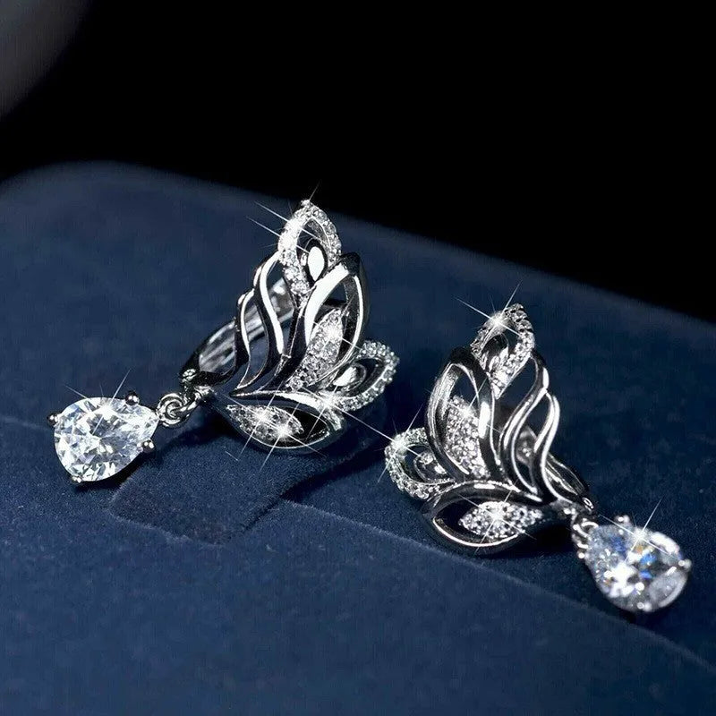 Leaf inlaid drop zircon earrings for women, copper floral design with platinum finish, white gold colour option