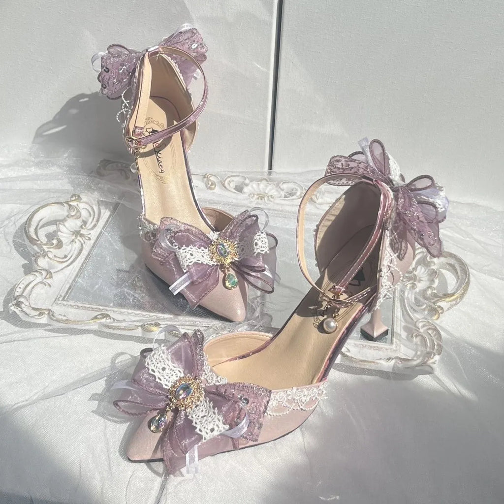 Purple satin Lolita shoes with flat heel and square toe design for wedding fashion