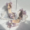 Purple satin Lolita shoes with flat heel and square toe design for wedding fashion