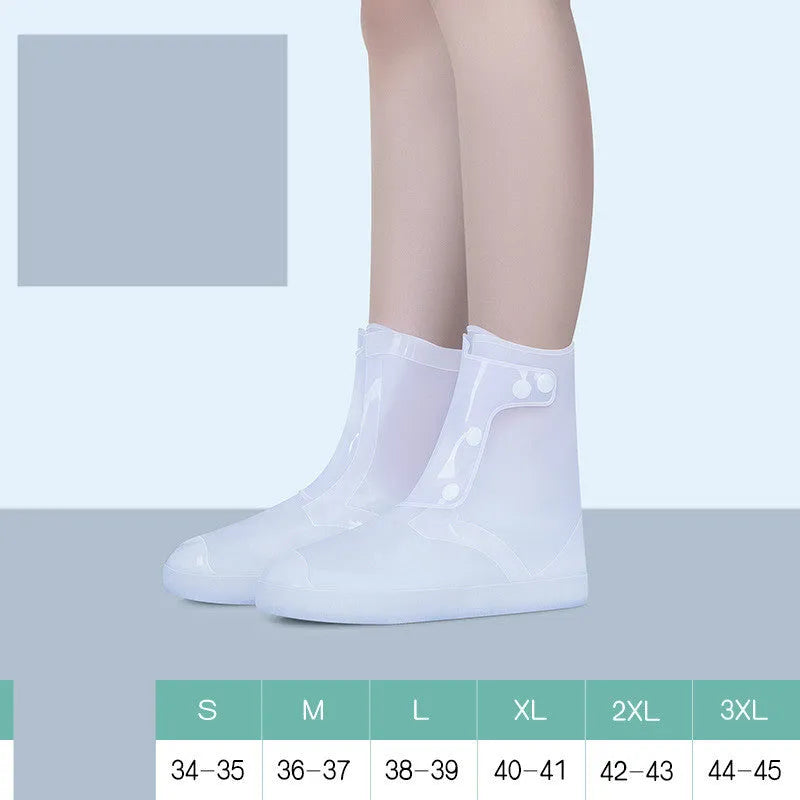 Women's white PVC high top reusable waterproof shoe covers shown on feet