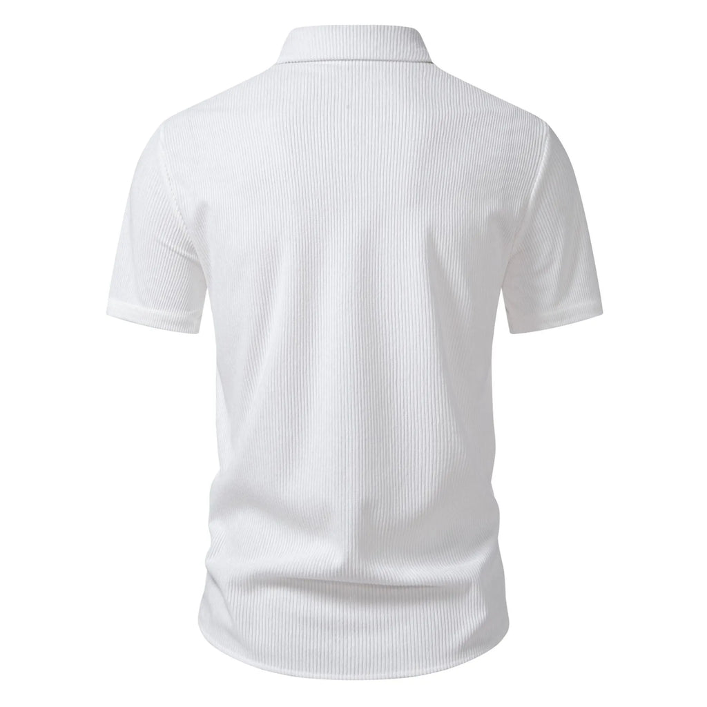 Men's casual short-sleeve corduroy open-front shirt in loose fit cardigan style, synthetic blend fabric