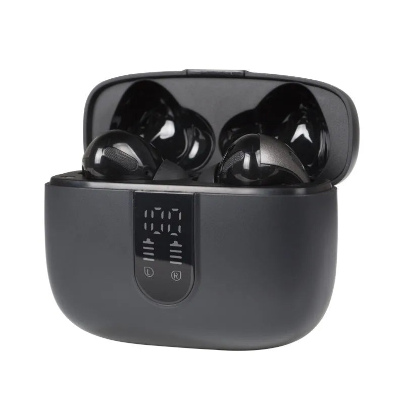 Jerry X08 wireless Bluetooth in-ear headphones with digital display and USB charging case in black, grey or white.