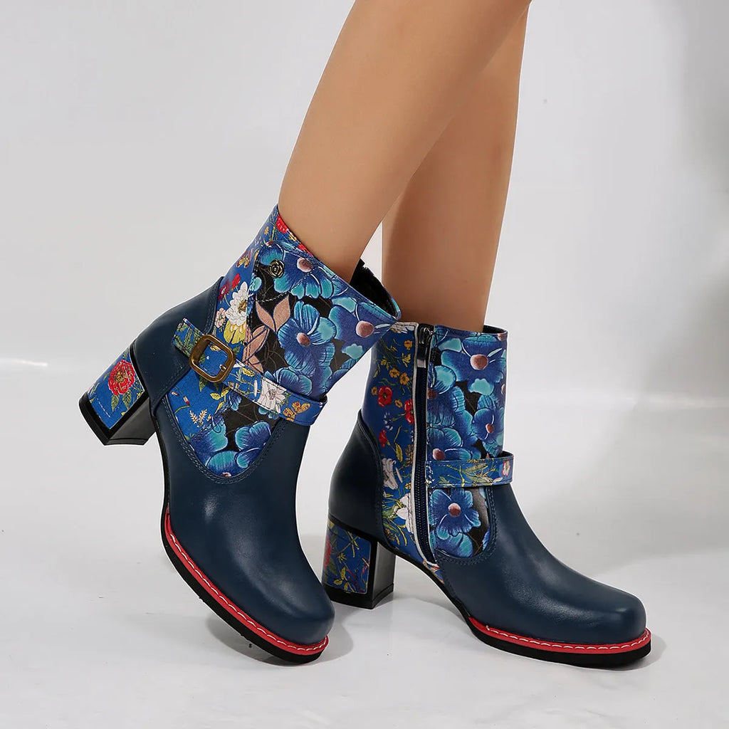 Women's printed stitching round head thick bottom bootie in artificial PU with rubber sole