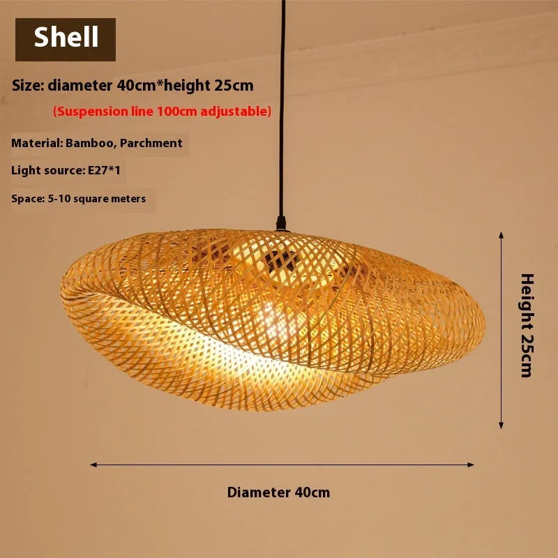 Chinese bamboo chandelier with 40cm shell shade for Zen tea room lighting
