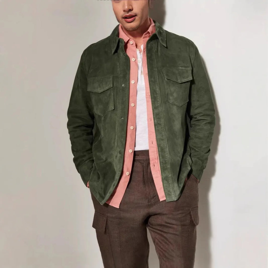 Noah Suede Shirt Jacket men's coat in brown, red, or green, polyester fibre, regular length, sizes S to XXXL.
