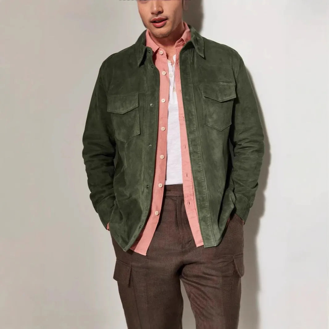 Noah Suede Shirt Jacket men's coat in brown, red, or green, polyester fibre, regular length, sizes S to XXXL.