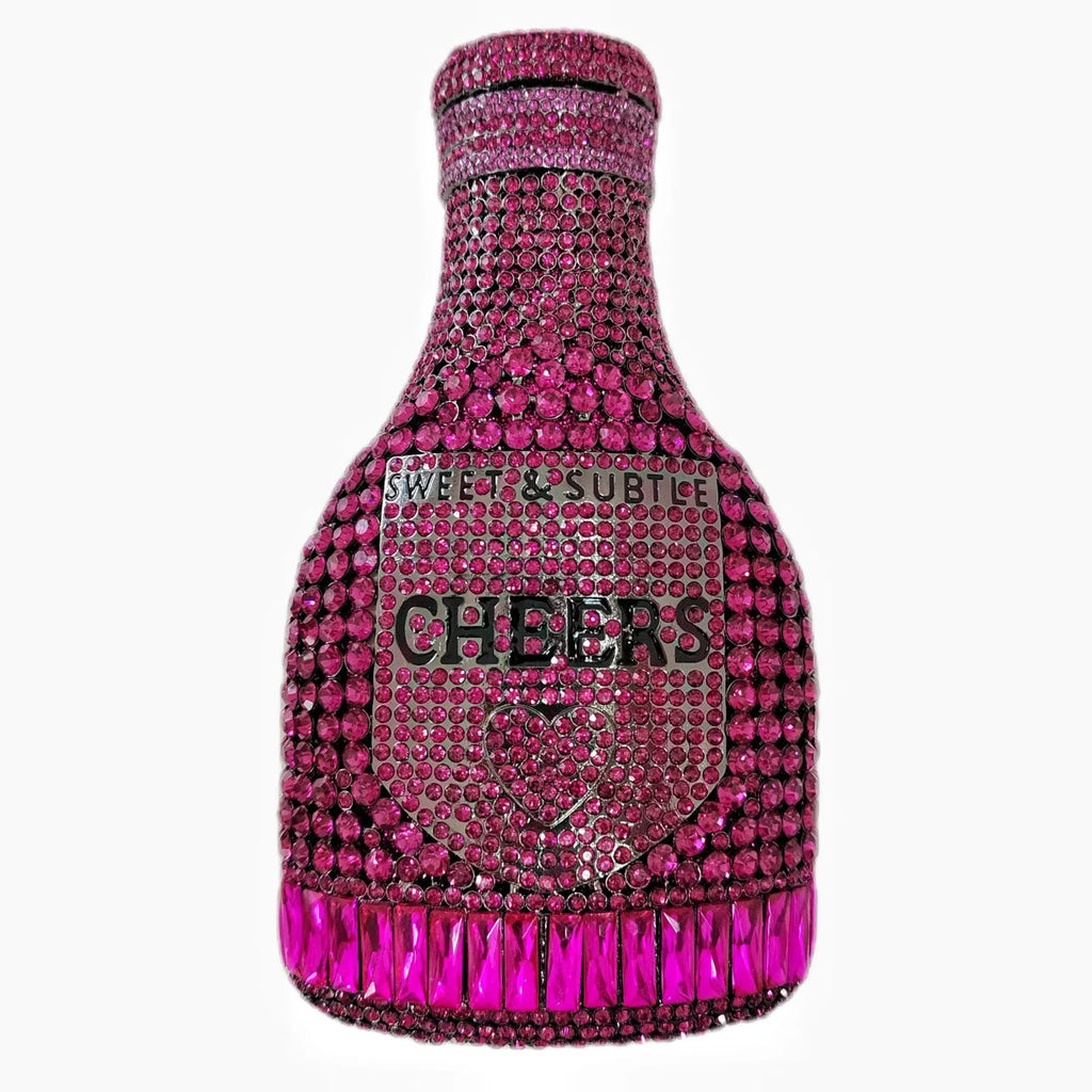 Gold rhinestone champagne bottle shaped hard case evening clutch bag on display