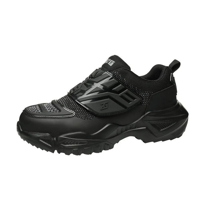 Black steel toe anti-puncture safety work boots with felt buckle and woven fabric upper.